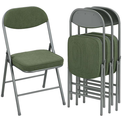 4er-Set gepolsterte Klappstühle, Faltbare Stühle mit Cordbezug, Rückenlehne, Metallrahmen, Grün