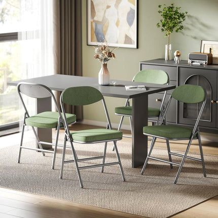 4er-Set gepolsterte Klappstühle, Faltbare Stühle mit Cordbezug, Rückenlehne, Metallrahmen, Grün