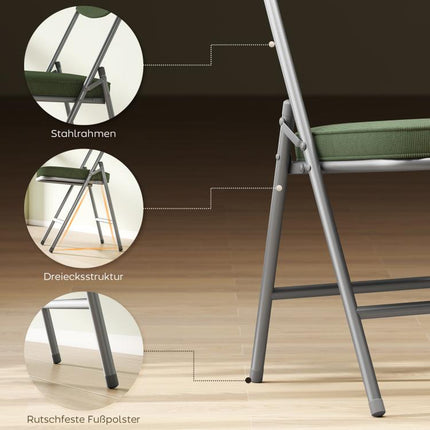 4er-Set gepolsterte Klappstühle, Faltbare Stühle mit Cordbezug, Rückenlehne, Metallrahmen, Grün