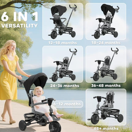 6 in 1 Foldable Kids Trike with Adjustable Parent Handle & Canopy for Ages 1-5, Black