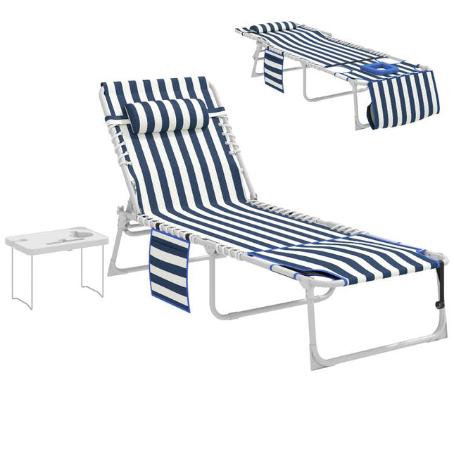 Tanning Chair with Face Hole and Side Table, 5-Position Folding Outdoor Chaise Lounge Chair, Blue and White