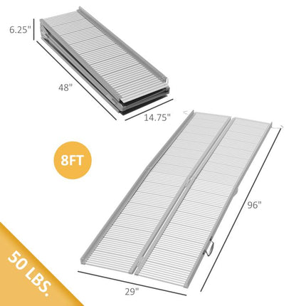 8 feet Foldable Handicap Ramp for Home, Steps, Doorways, Aluminum Portable Wheelchair Ramp, Textured Threshold Ramp, Silver
