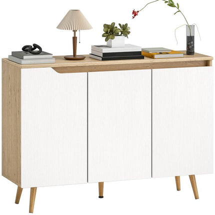 Sideboard Storage Cabinet, Kitchen Cupboard with 3 Doors, 2 Adjustable Shelves and 5 Rubberwood Legs, White and Oak