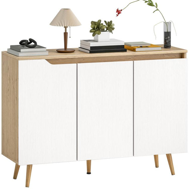 Sideboard Storage Cabinet, Kitchen Cupboard with 3 Doors, 2 Adjustable Shelves and 5 Rubberwood Legs, White and Oak