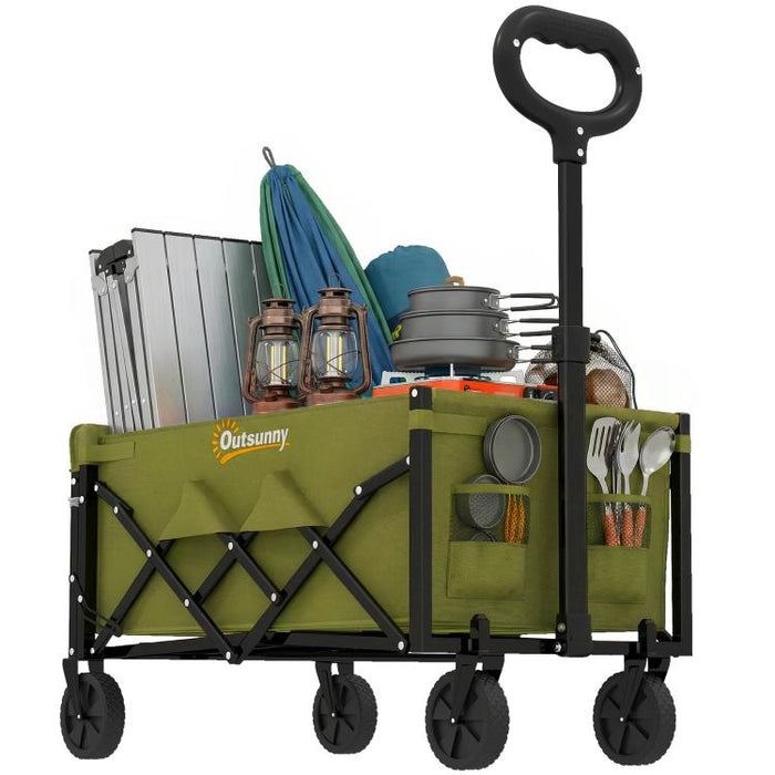 60L Foldable Festival Trolley on Wheels, Collapsible Wagon Cart with Drop-Down Tailgate, Adjustable Handle, Green