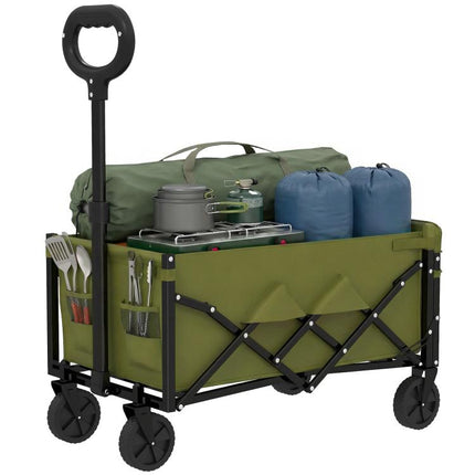 60L Foldable Festival Trolley on Wheels, Collapsible Wagon Cart with Drop-Down Tailgate, Adjustable Handle, Green