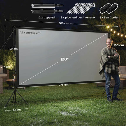 Telo per Proiettore 120" 16:9 HD 4K/8K, Angolo di Visione 160°, Doppia Facciata e Treppiedi Pieghevoli, Bianco