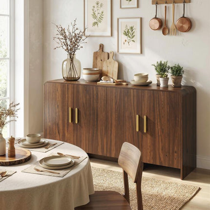 Kitchen sideboard/storage unit with 4 soft-close doors, 4 compartments, and rounded edges, 152x40x80cm, walnut