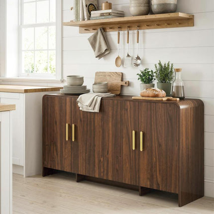 Kitchen sideboard/storage unit with 4 soft-close doors, 4 compartments, and rounded edges, 152x40x80cm, walnut
