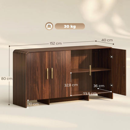 Kitchen sideboard/storage unit with 4 soft-close doors, 4 compartments, and rounded edges, 152x40x80cm, walnut