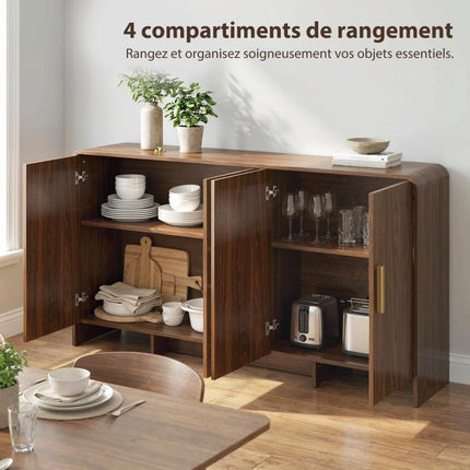 Kitchen sideboard/storage unit with 4 soft-close doors, 4 compartments, and rounded edges, 152x40x80cm, walnut
