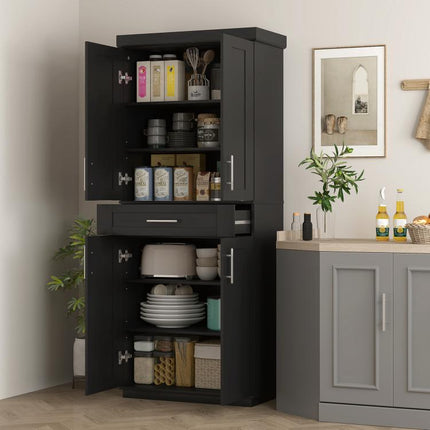 Modern Kitchen Pantry Freestanding Cabinet Cupboard with Doors and Drawer, Adjustable Shelving, Black