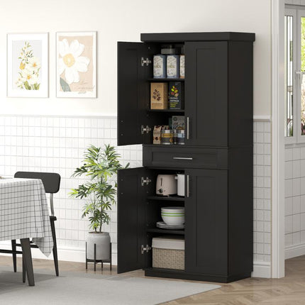 Modern Kitchen Pantry Freestanding Cabinet Cupboard with Doors and Drawer, Adjustable Shelving, Black