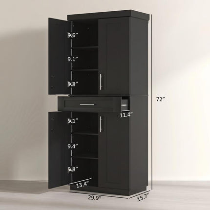Modern Kitchen Pantry Freestanding Cabinet Cupboard with Doors and Drawer, Adjustable Shelving, Black
