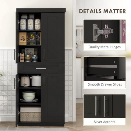 Modern Kitchen Pantry Freestanding Cabinet Cupboard with Doors and Drawer, Adjustable Shelving, Black