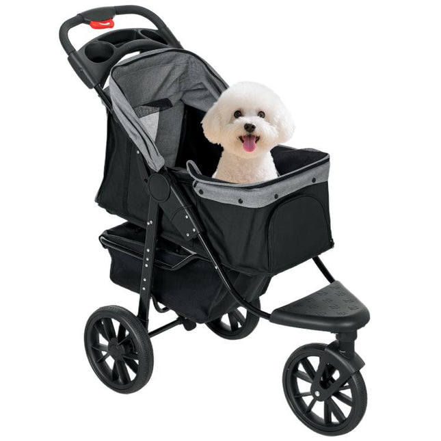 Carrito para Perros con 3 Ruedas Ventanas de Malla Cesta de Almacenaje y Correas de Seguridad 109,5x57,5x106,5 cm Gris