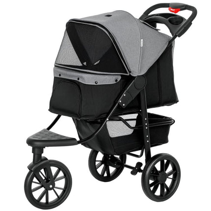 Carrito para Perros con 3 Ruedas Ventanas de Malla Cesta de Almacenaje y Correas de Seguridad 109,5x57,5x106,5 cm Gris