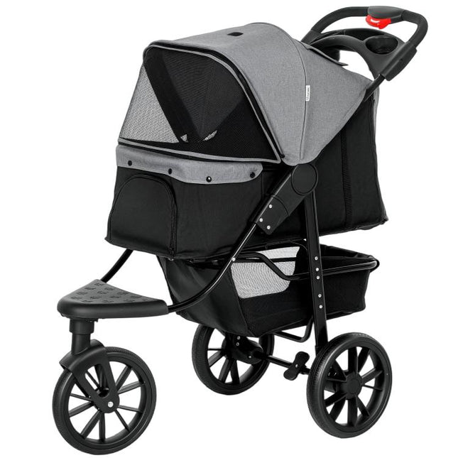 Carrito para Perros con 3 Ruedas Ventanas de Malla Cesta de Almacenaje y Correas de Seguridad 109,5x57,5x106,5 cm Gris