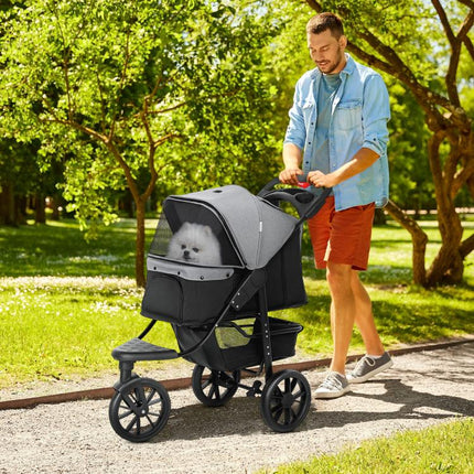 Carrito para Perros con 3 Ruedas Ventanas de Malla Cesta de Almacenaje y Correas de Seguridad 109,5x57,5x106,5 cm Gris
