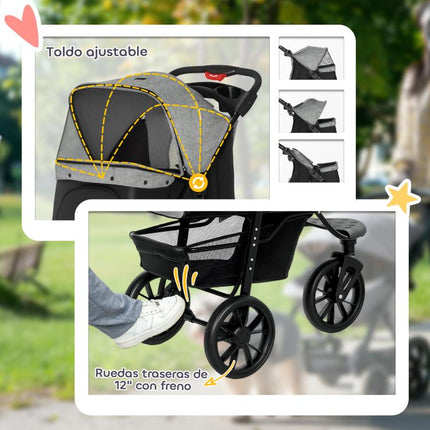 Carrito para Perros con 3 Ruedas Ventanas de Malla Cesta de Almacenaje y Correas de Seguridad 109,5x57,5x106,5 cm Gris