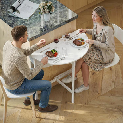 Folding dining table, round kitchen table ( Diameter 80 cm) for 4 people with 2 drop leaves, steel legs, white