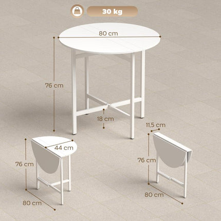 Folding dining table, round kitchen table ( Diameter 80 cm) for 4 people with 2 drop leaves, steel legs, white