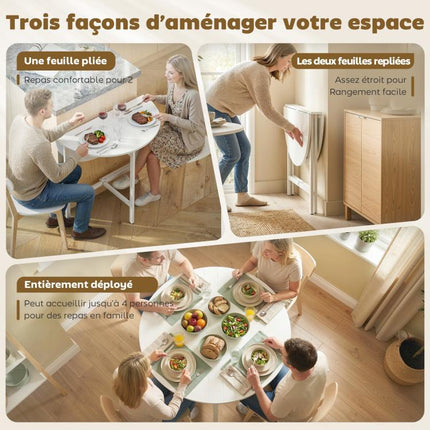 Folding dining table, round kitchen table ( Diameter 80 cm) for 4 people with 2 drop leaves, steel legs, white