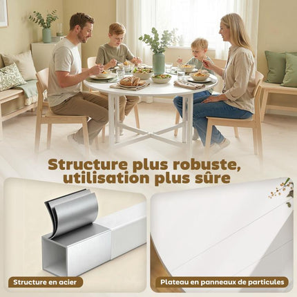 Folding dining table, round kitchen table ( Diameter 80 cm) for 4 people with 2 drop leaves, steel legs, white