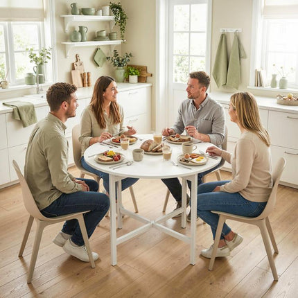 Folding dining table, round kitchen table ( Diameter 80 cm) for 4 people with 2 drop leaves, steel legs, white