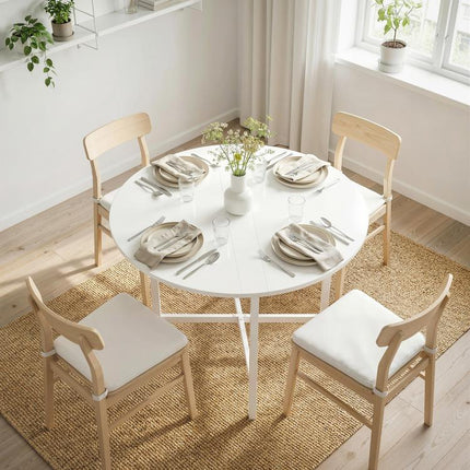Folding dining table, round kitchen table ( Diameter 80 cm) for 4 people with 2 drop leaves, steel legs, white