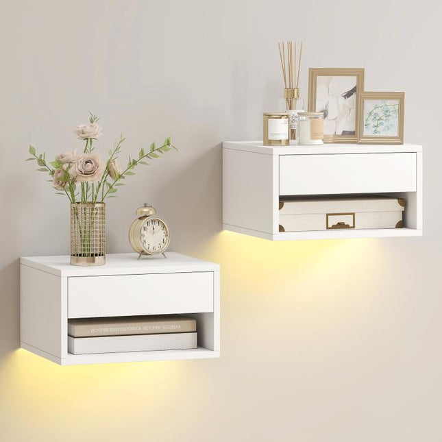 Nachttisch 2er-Set mit RGB-LED-Beleuchtung, schwebender Nachtschrank mit Schublade und offenem Fach, Wei?