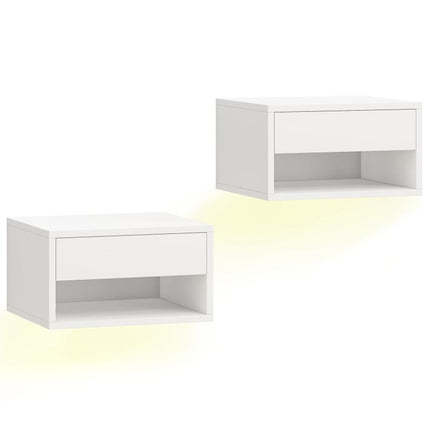 Nachttisch 2er-Set mit RGB-LED-Beleuchtung, schwebender Nachtschrank mit Schublade und offenem Fach, Wei?