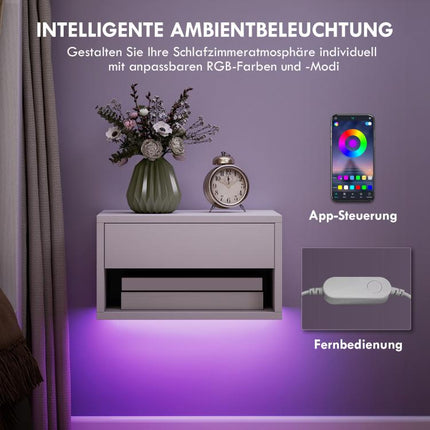 Nachttisch 2er-Set mit RGB-LED-Beleuchtung, schwebender Nachtschrank mit Schublade und offenem Fach, Wei?