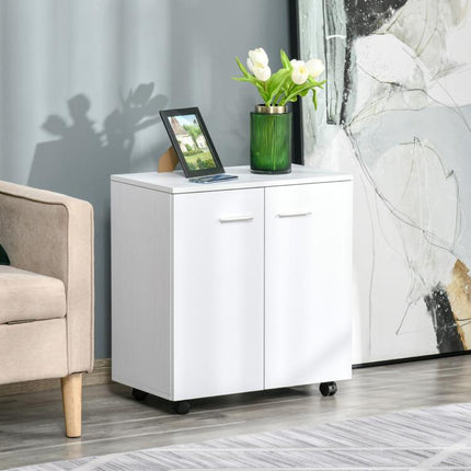 Low Sideboard Storage Unit on Wheels with 2 Doors and Internal Shelf – for Living Room, Bedroom, or Office (60 x 35 x 65 cm, White)