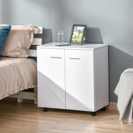 Low Sideboard Storage Unit on Wheels with 2 Doors and Internal Shelf – for Living Room, Bedroom, or Office (60 x 35 x 65 cm, White)