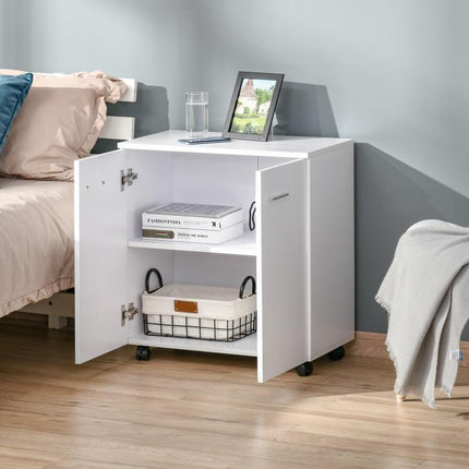 Low Sideboard Storage Unit on Wheels with 2 Doors and Internal Shelf – for Living Room, Bedroom, or Office (60 x 35 x 65 cm, White)
