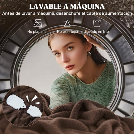 Manta Eléctrica 180x130 cm 9 Niveles de Temperatura Temporizador Lavar a Máquina, Pantalla LED Marrón