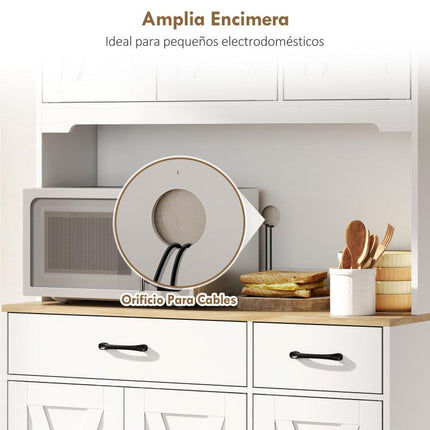 Alacena de Cocina con 6 Puertas Encimera para Microondas 2 Cajones Estantes Ajustables Orificio para Cable Blanco