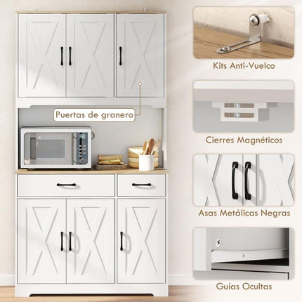 Alacena de Cocina con 6 Puertas Encimera para Microondas 2 Cajones Estantes Ajustables Orificio para Cable Blanco