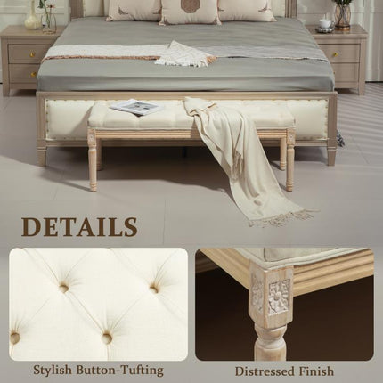 Vintage Wooden Bed End Bench - Cream White