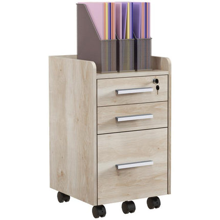 Beige wooden mobile office storage unit with 3 drawers (1 lockable) and a file organizer.