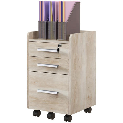 Beige wooden mobile office storage unit with 3 drawers (1 lockable) and a file organizer.