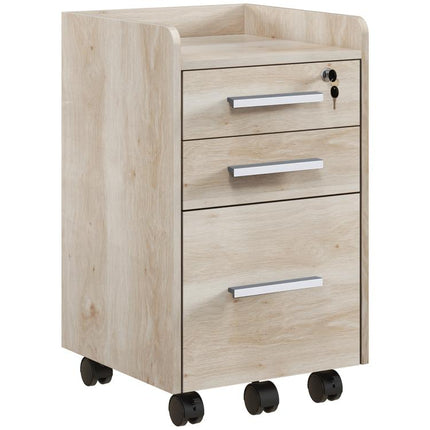 Beige wooden mobile office storage unit with 3 drawers (1 lockable) and a file organizer.