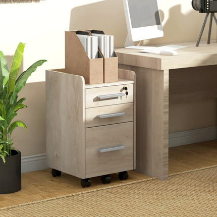 Beige wooden mobile office storage unit with 3 drawers (1 lockable) and a file organizer.
