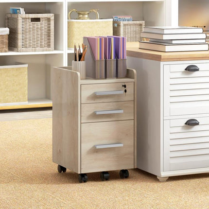 Beige wooden mobile office storage unit with 3 drawers (1 lockable) and a file organizer.