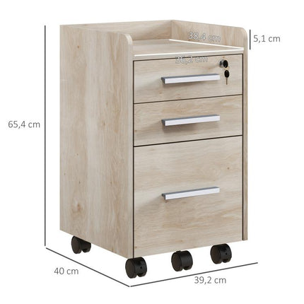 Beige wooden mobile office storage unit with 3 drawers (1 lockable) and a file organizer.