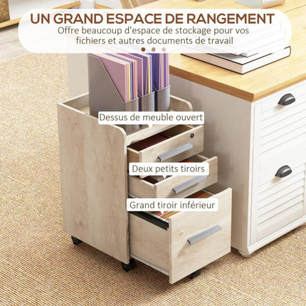 Beige wooden mobile office storage unit with 3 drawers (1 lockable) and a file organizer.