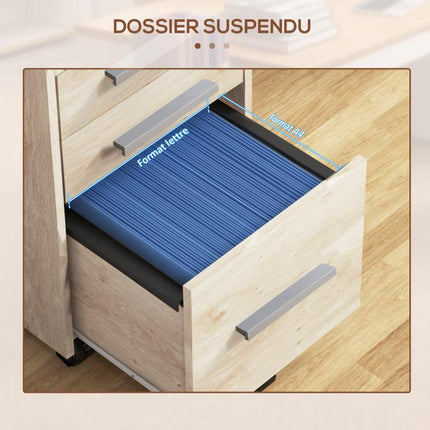 Beige wooden mobile office storage unit with 3 drawers (1 lockable) and a file organizer.