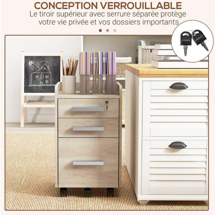 Beige wooden mobile office storage unit with 3 drawers (1 lockable) and a file organizer.