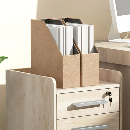 Beige wooden mobile office storage unit with 3 drawers (1 lockable) and a file organizer.